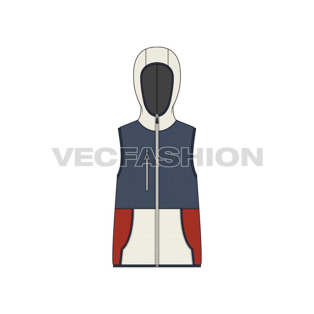 Mens sherpa vest hoodie flat sketch, front view