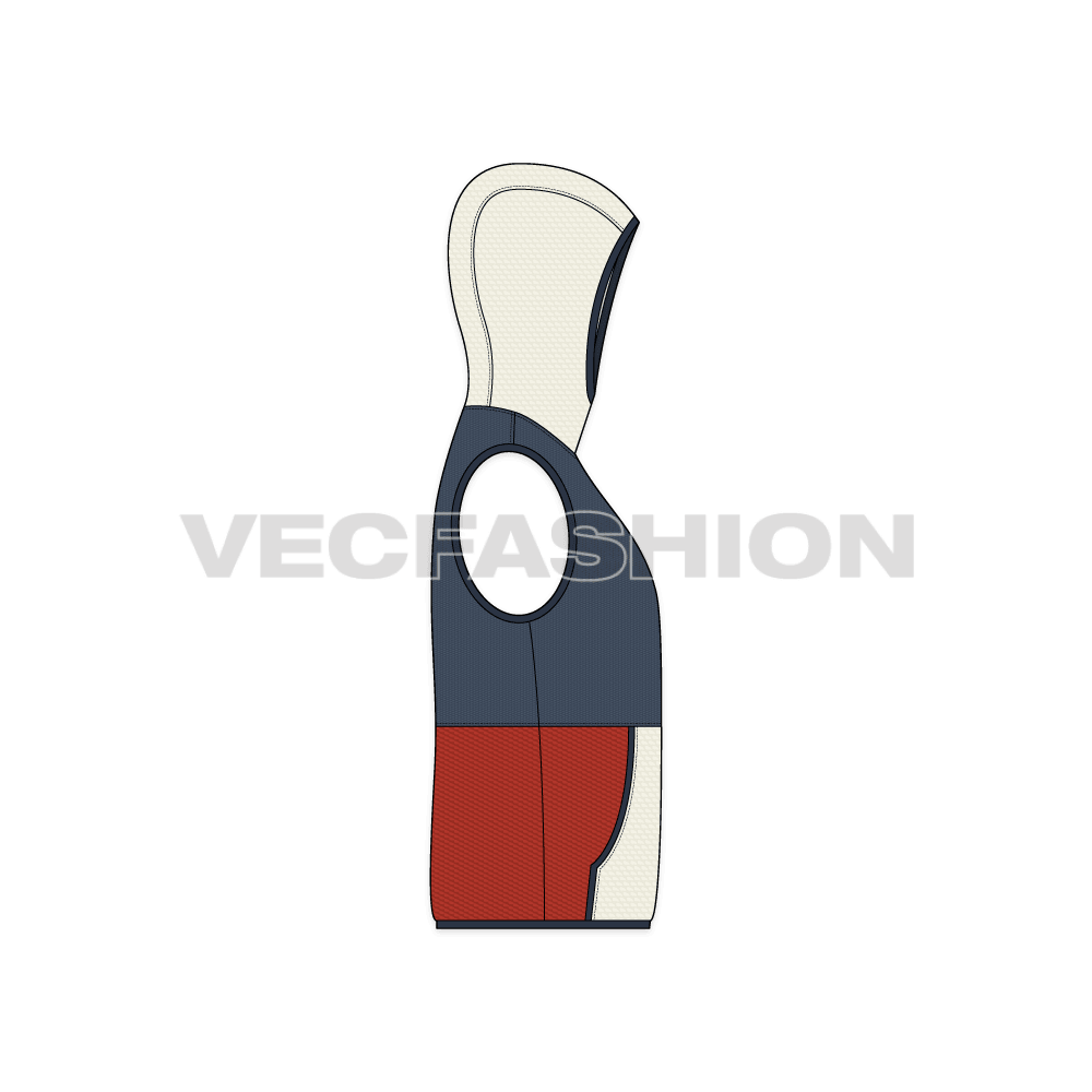 Mens sherpa vest hoodie flat sketch, side view