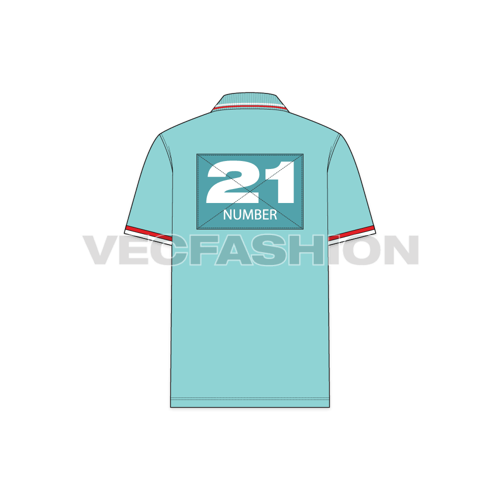 Mens short body polo shirt flat sketch, back view