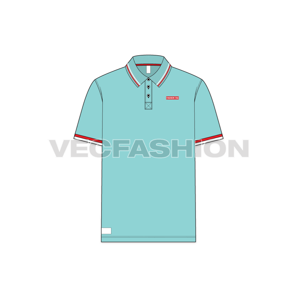 Mens short body polo shirt flat sketch, front view