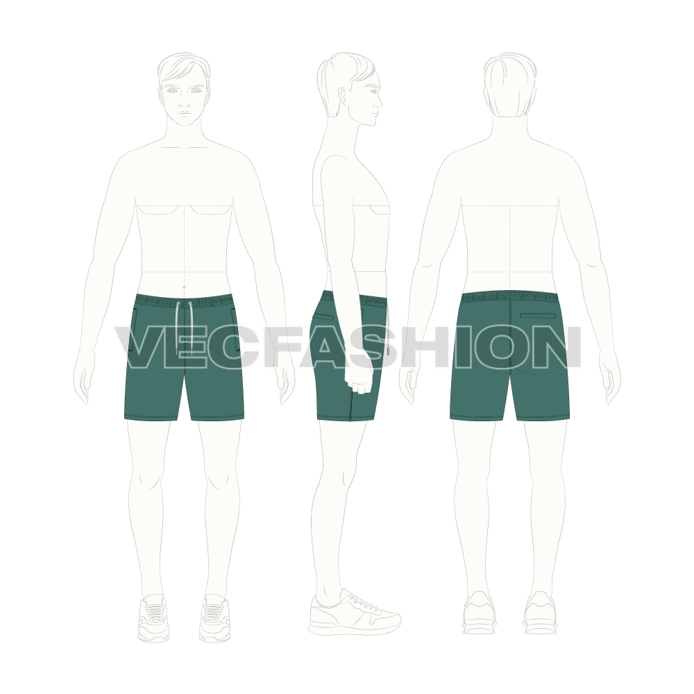 Mens short length swim shorts flat sketch, croqui sketch