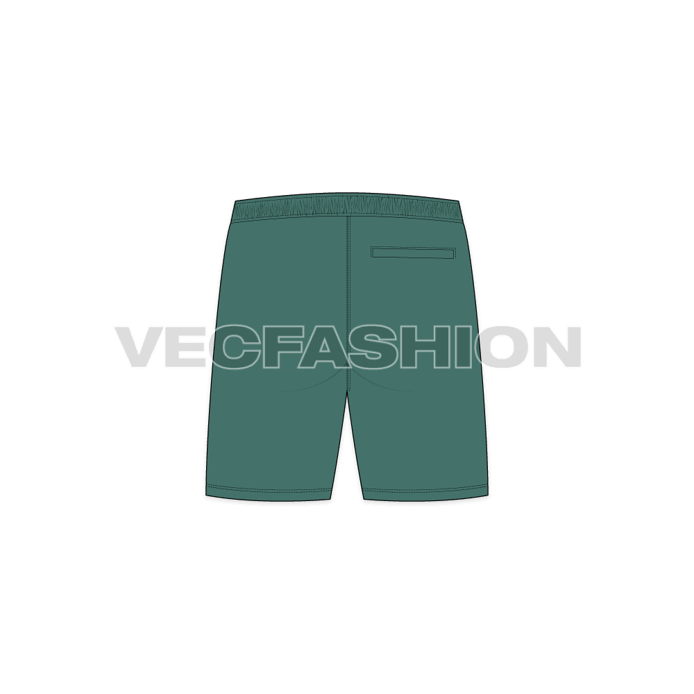 Mens short length swim shorts flat sketch, back view