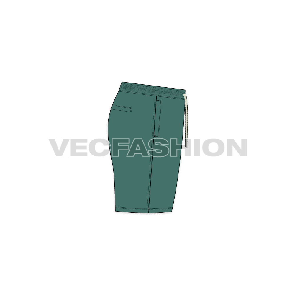Mens short length swim shorts flat sketch, side view