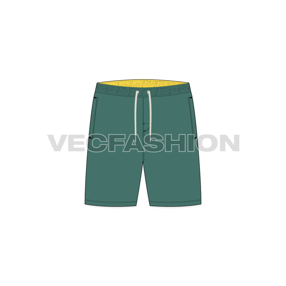 Mens short length swim shorts flat sketch, front view