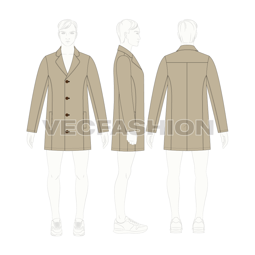 Mens Clutch Coat flat sketch, croqui sketch
