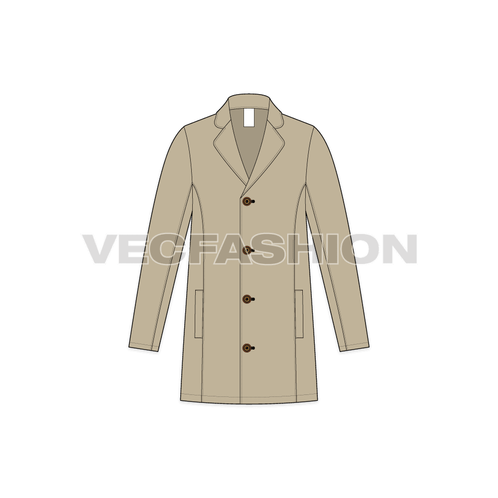 Mens Clutch Coat flat sketch, front view