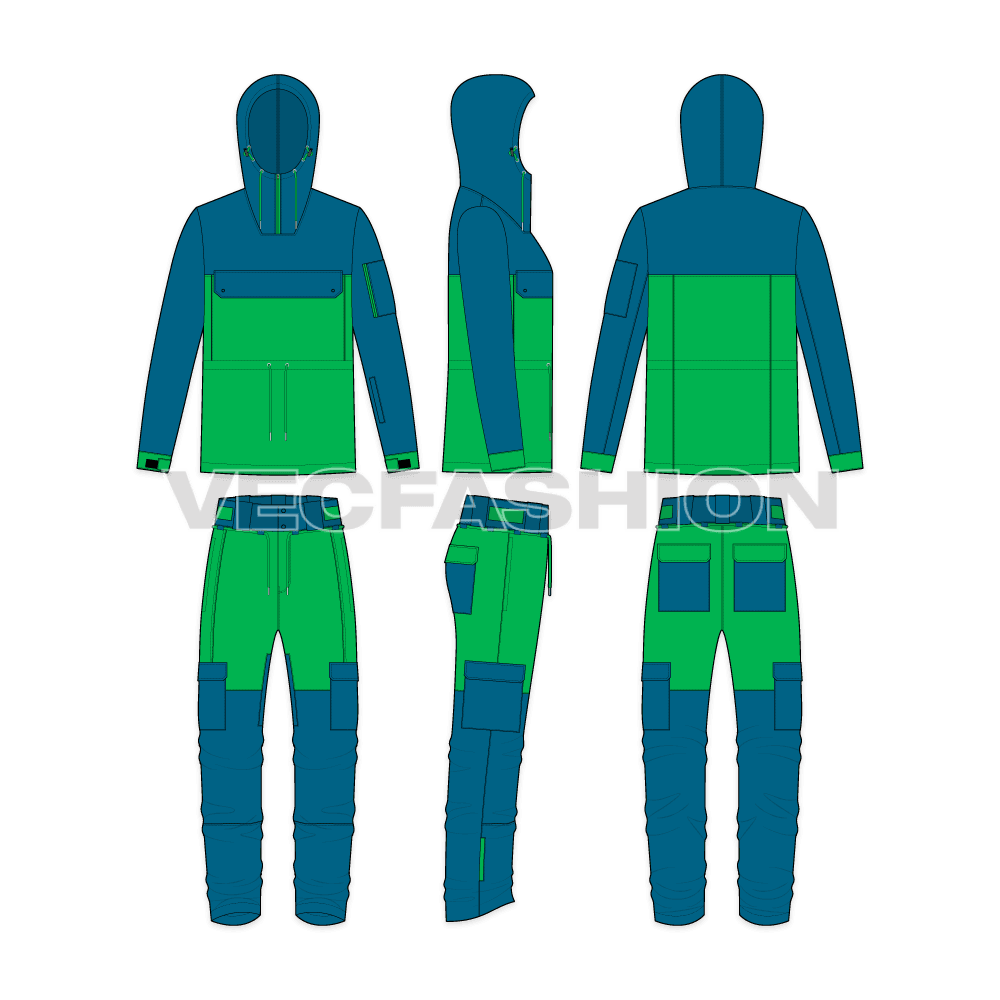Mens ski suit flat sketch flat sketch, showing all views, front, side and back