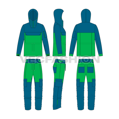 Mens ski suit flat sketch flat sketch, showing all views, front, side and back