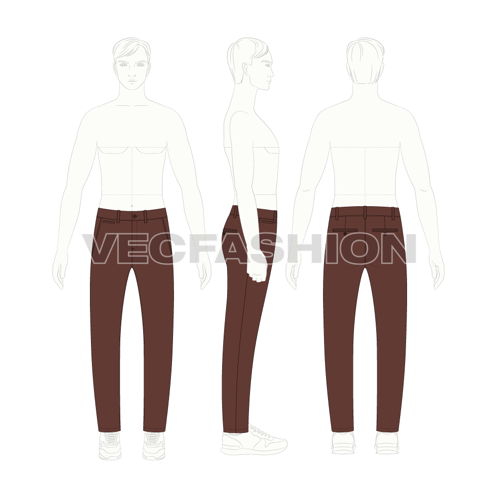 Mens skinny fit chinos flat sketch, croqui sketch