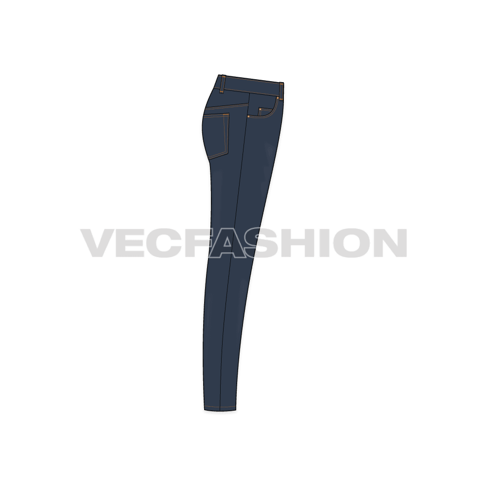 Mens skinny fit denim jeans flat sketch, side view