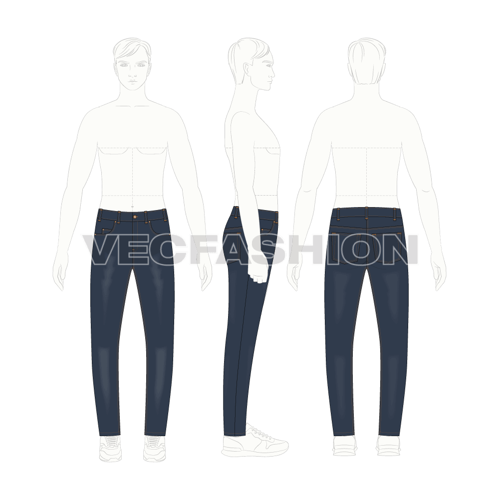 Mens skinny fit denim jeans flat sketch, croqui sketch