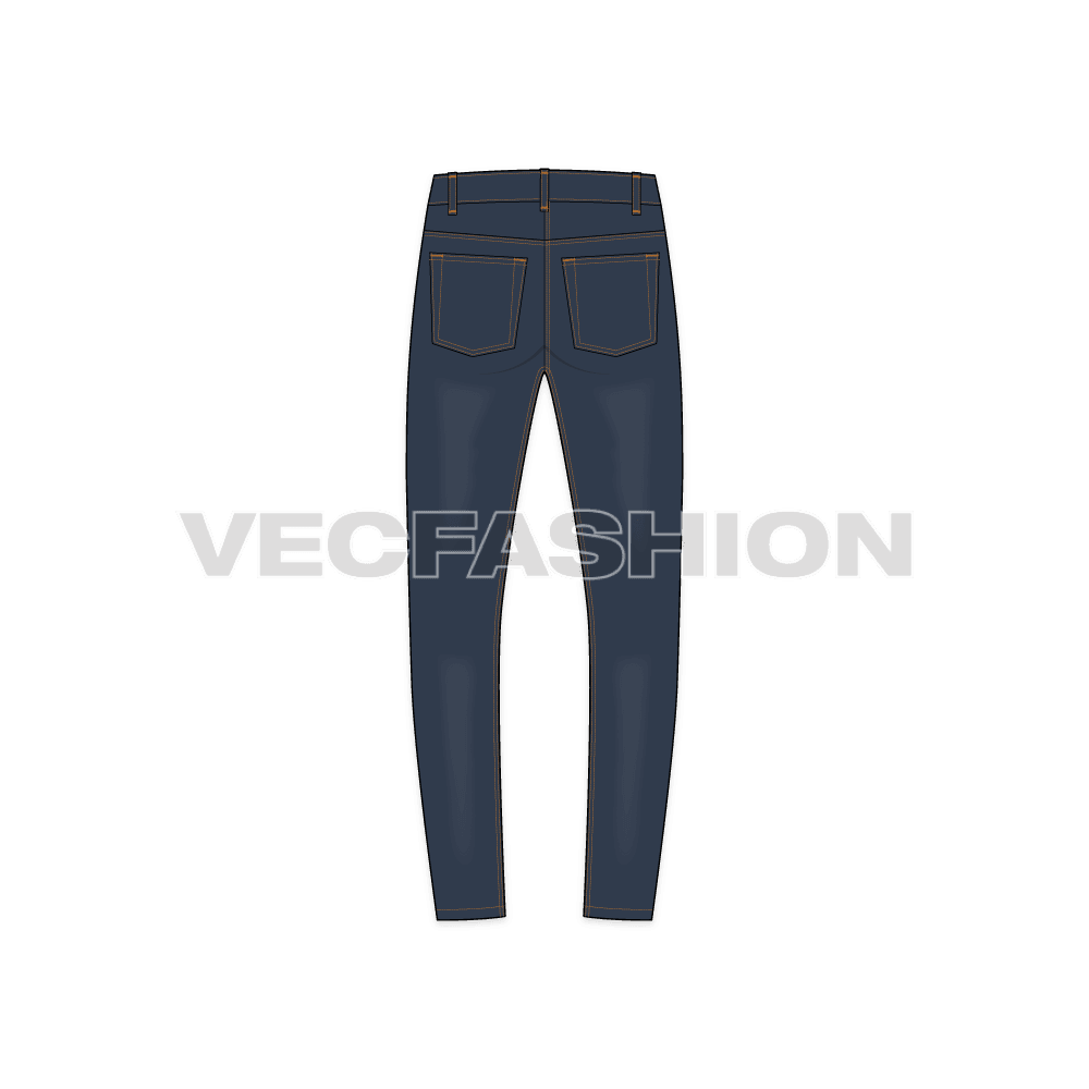 Mens skinny fit denim jeans flat sketch, back view