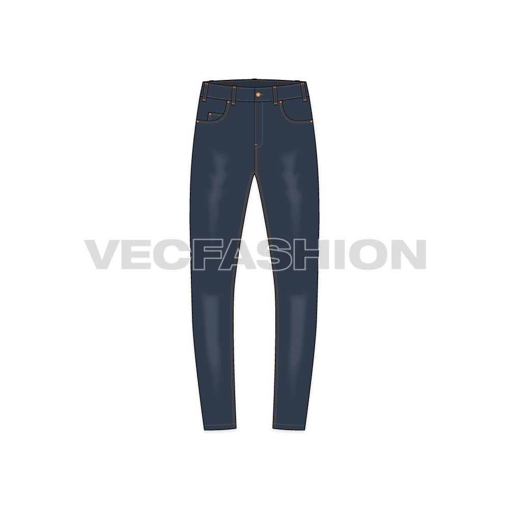 Mens skinny fit denim jeans flat sketch, front view