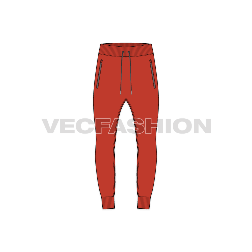 Mens skinny fit track pants flat sketch, front view