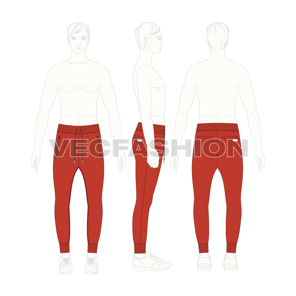 Mens skinny fit track pants flat sketch, croqui sketch