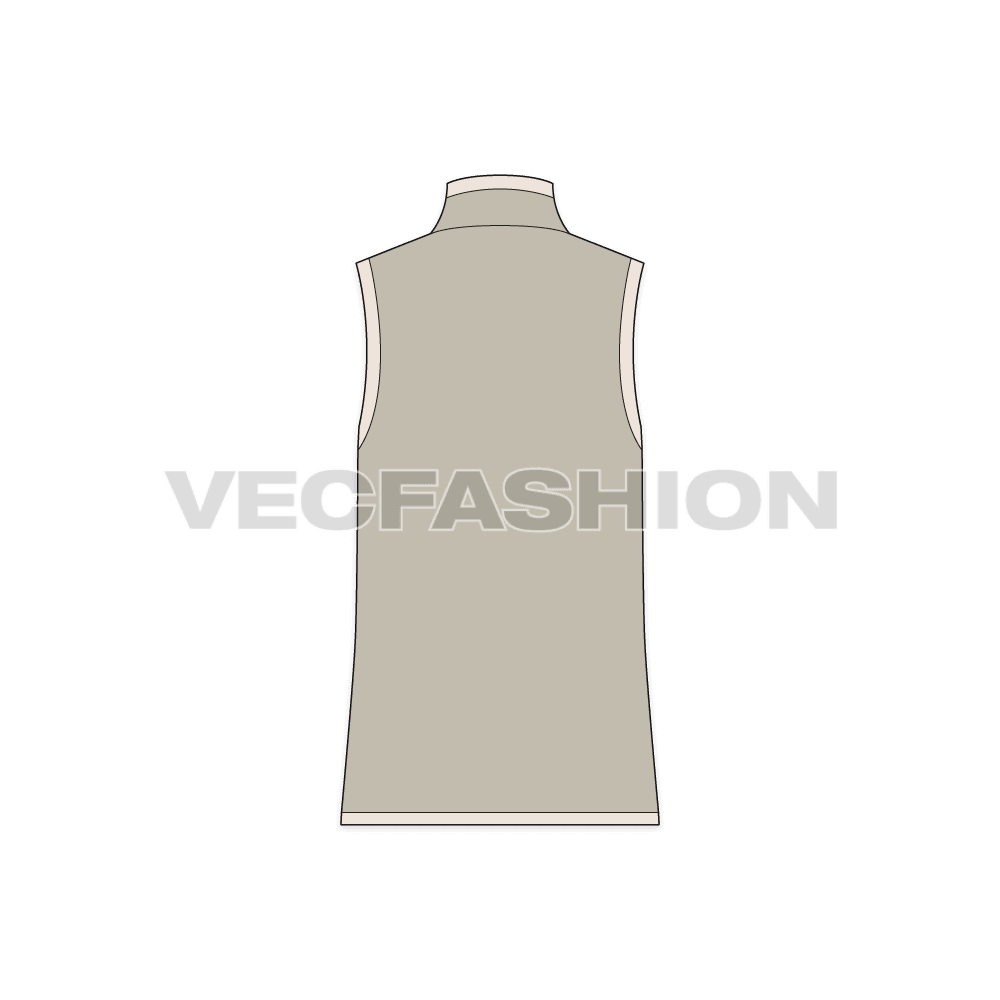 Mens sleeveless mock neck jacket flat sketch, back view