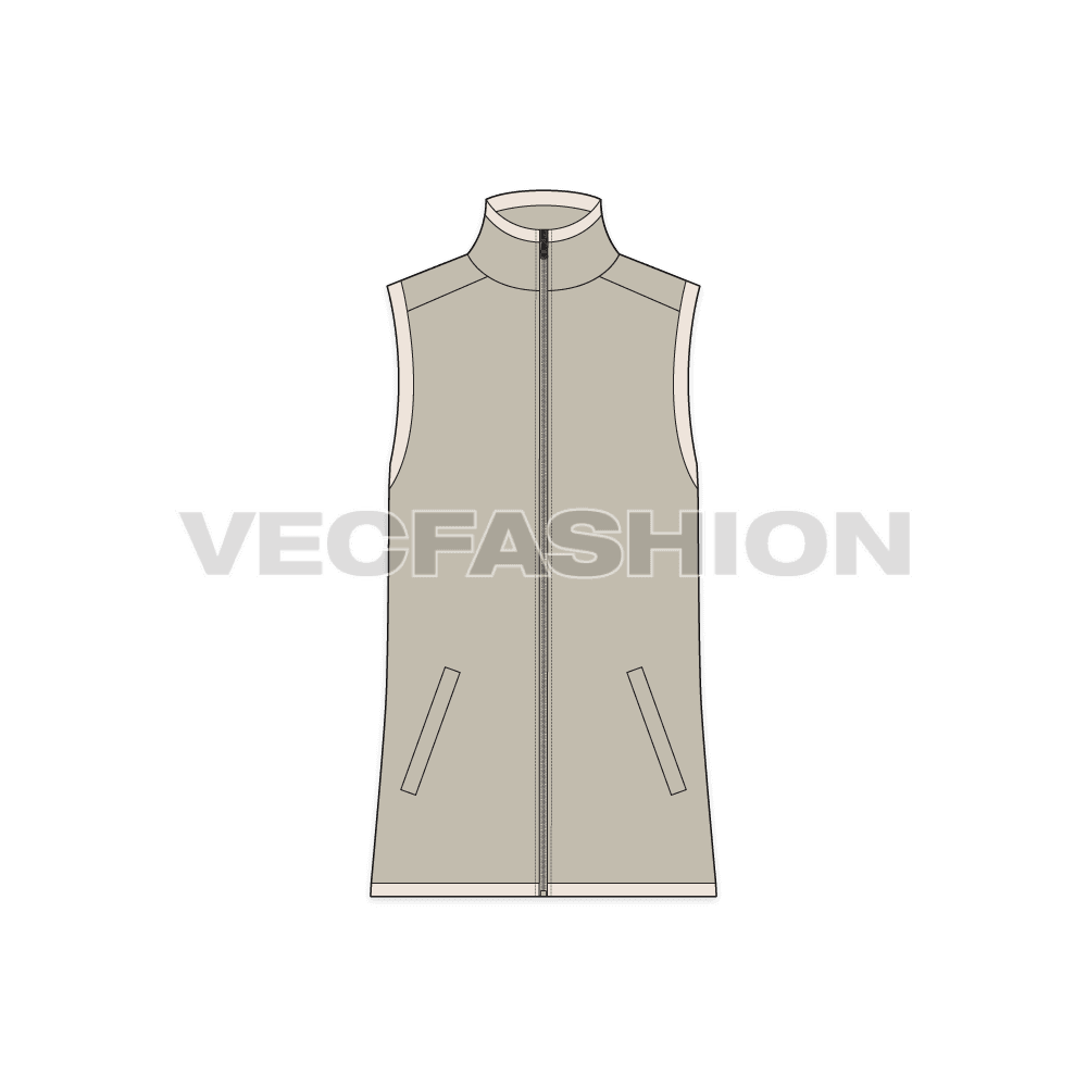 Mens sleeveless mock neck jacket flat sketch, front view