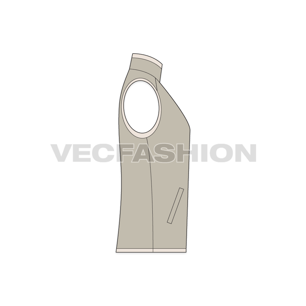 Mens sleeveless mock neck jacket flat sketch, side view