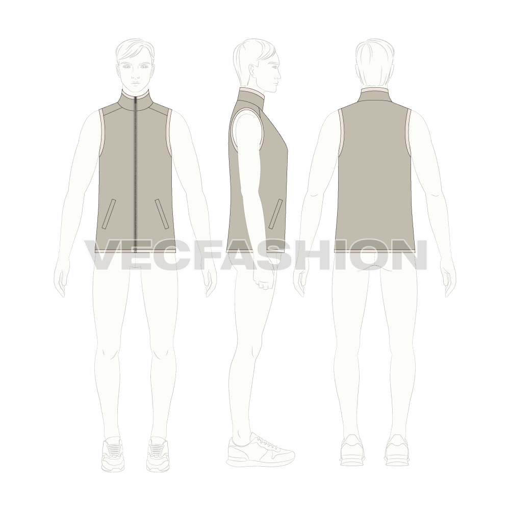 Mens sleeveless mock neck jacket flat sketch, croqui sketch