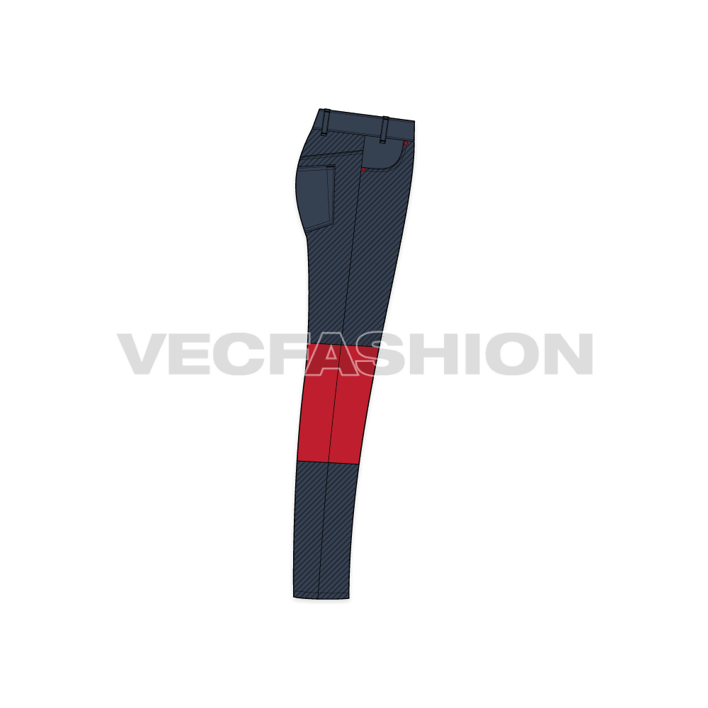 Mens slim cut fit denim jeans flat sketch, side view