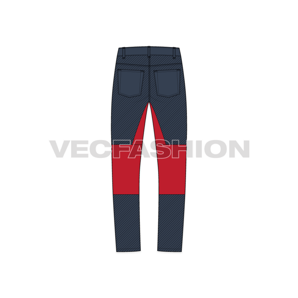 Mens slim cut fit denim jeans flat sketch, back view