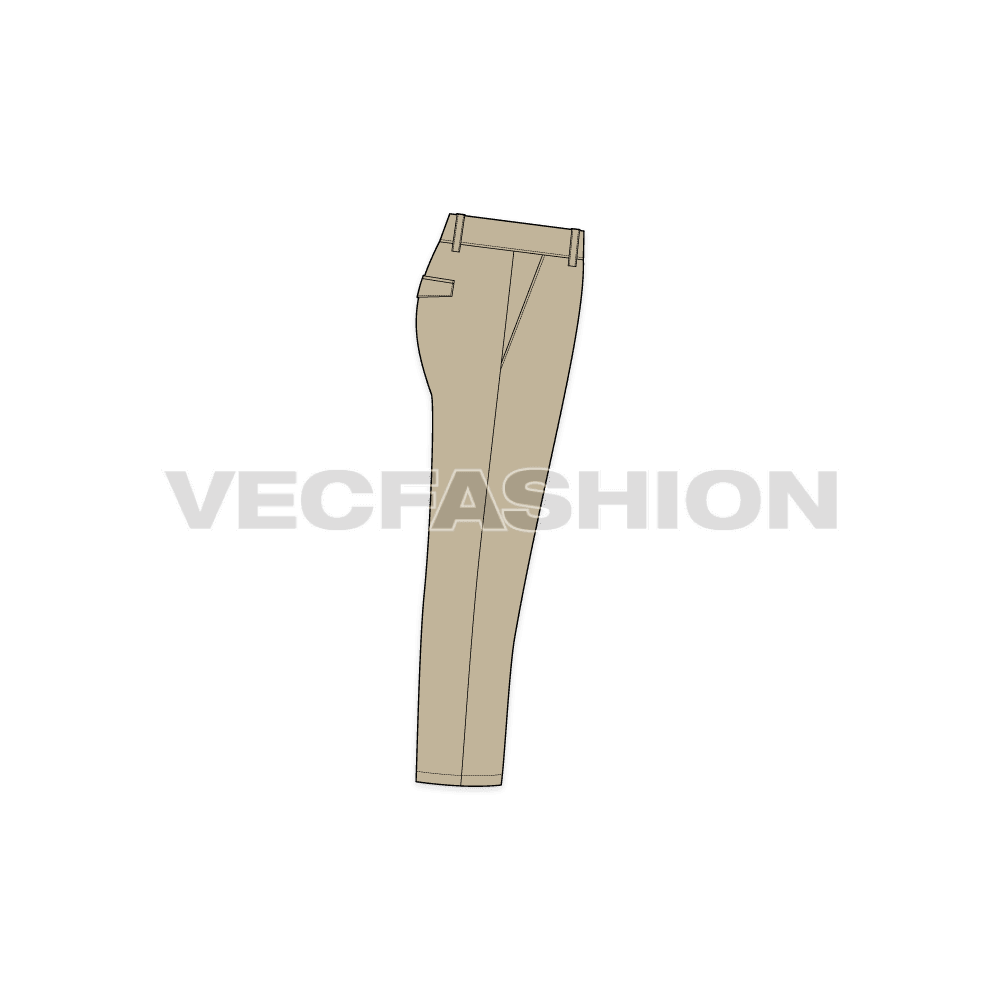 Mens slim fit capri length pants flat sketch, side view