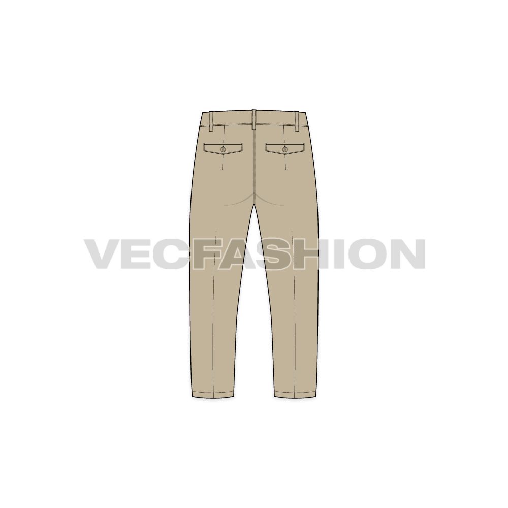 Mens slim fit capri length pants flat sketch, back view