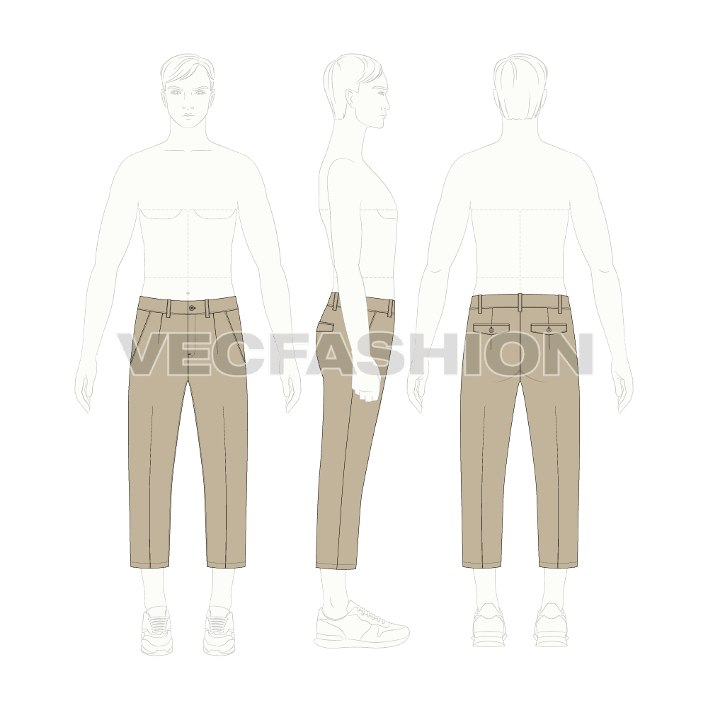 Mens slim fit capri length pants flat sketch, croqui sketch