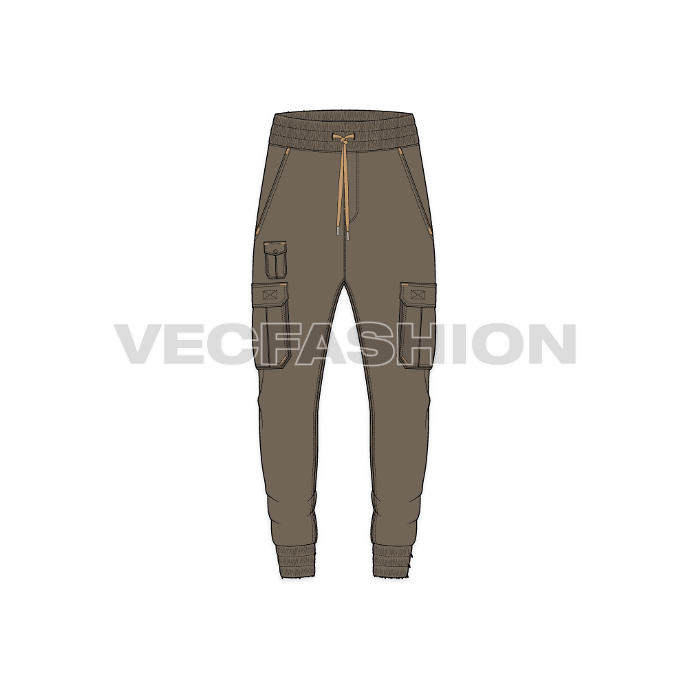 Mens slim fit cargo joggers flat sketch, front view