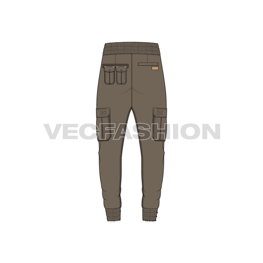 Mens slim fit cargo joggers flat sketch, back view