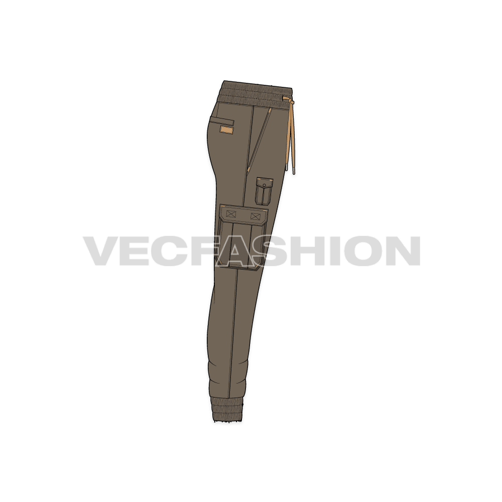 Mens slim fit cargo joggers flat sketch, side view