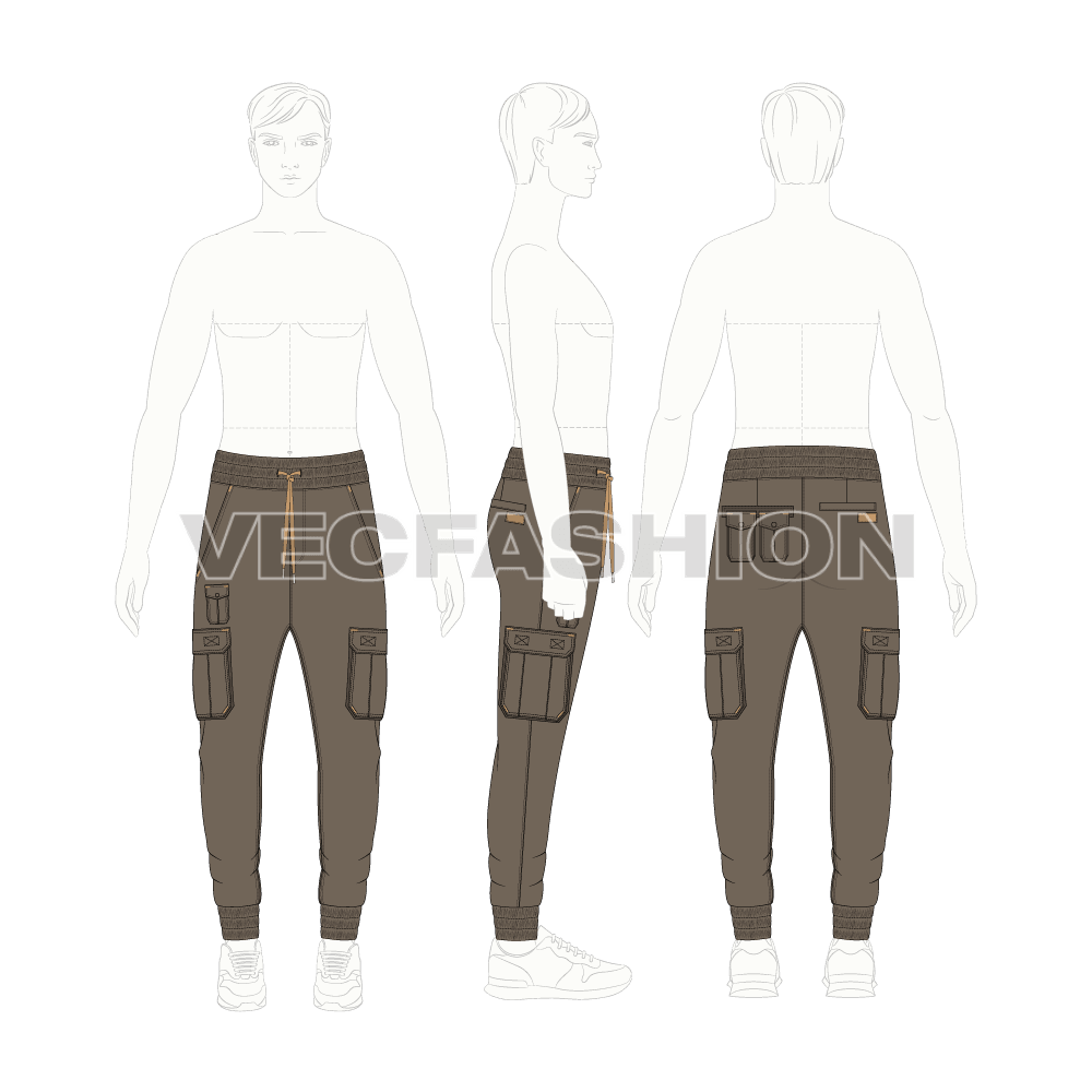 Mens slim fit cargo joggers flat sketch, croqui sketch