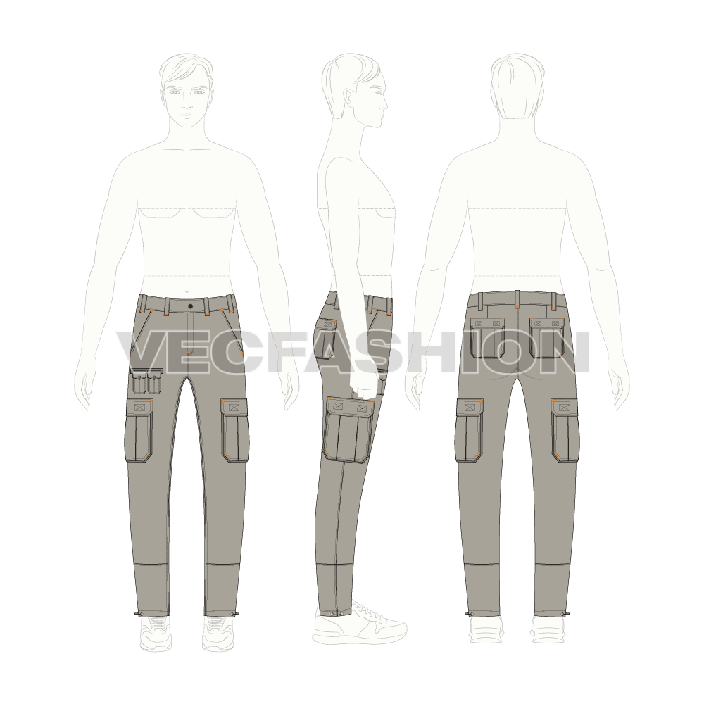 Mens slim fit cargo pants flat sketch, croqui sketch