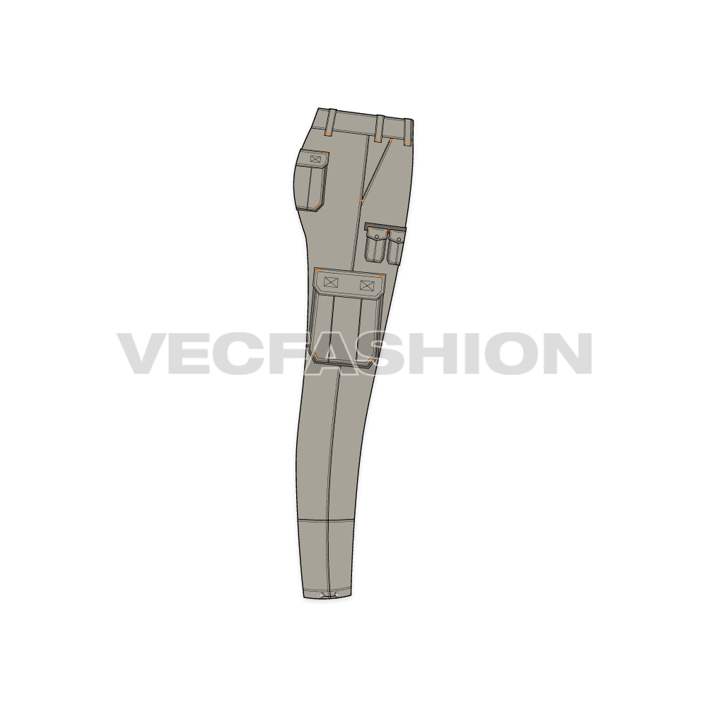 Mens slim fit cargo pants flat sketch, side view