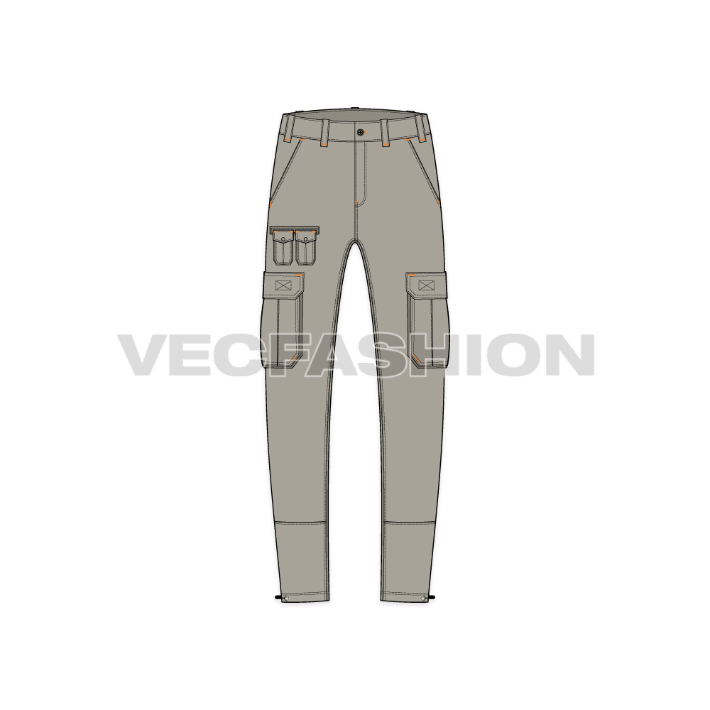 Mens slim fit cargo pants flat sketch, front view