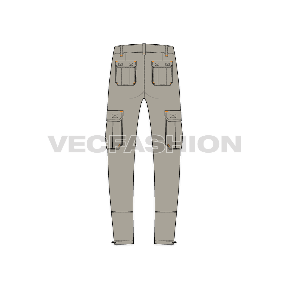 Mens slim fit cargo pants flat sketch, back view
