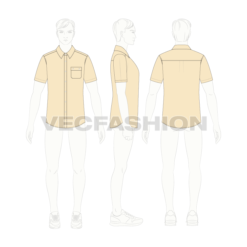 Mens slim fit casual shirt flat sketch, croqui sketch