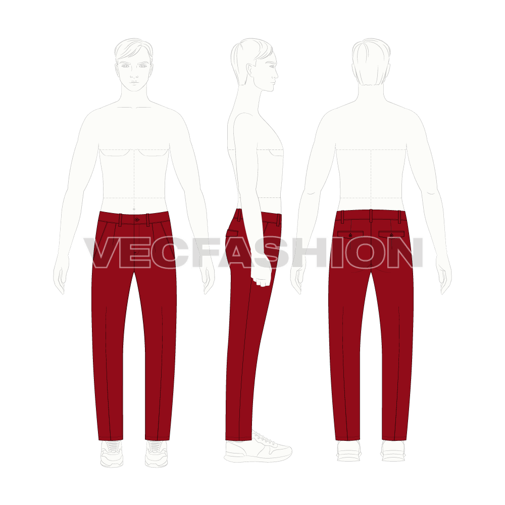 Mens slim fit chinos flat sketch, croqui sketch
