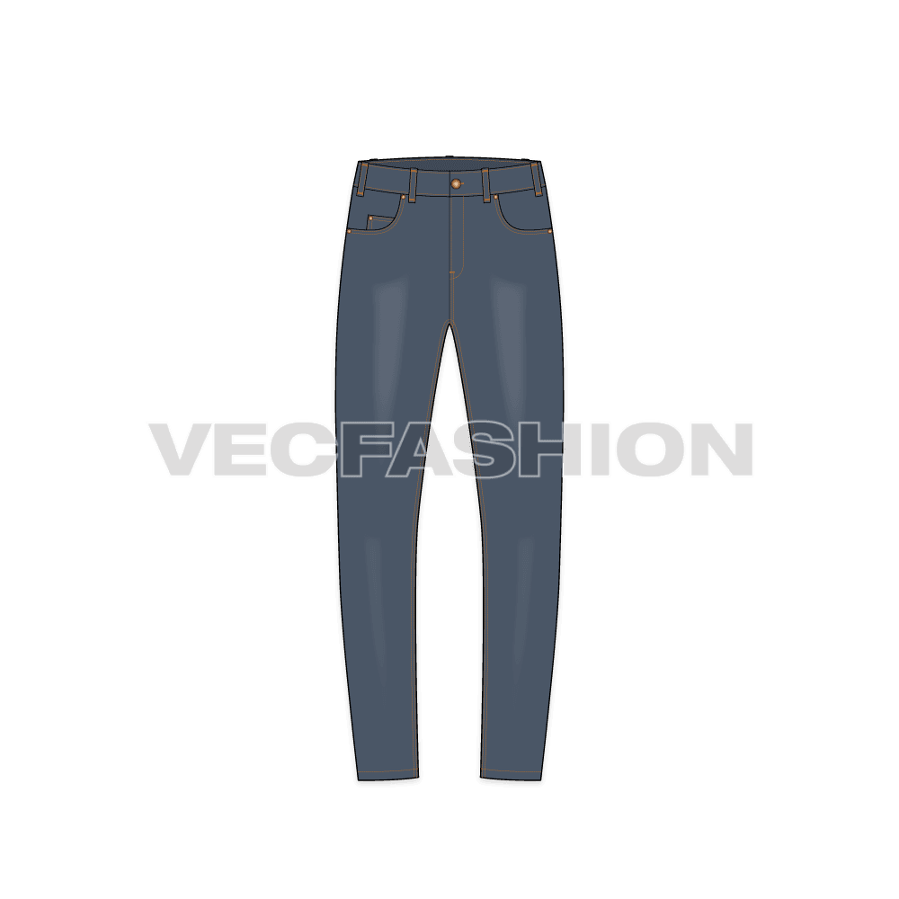 Mens slim fit denim jeans, faded finish flat sketch, front view