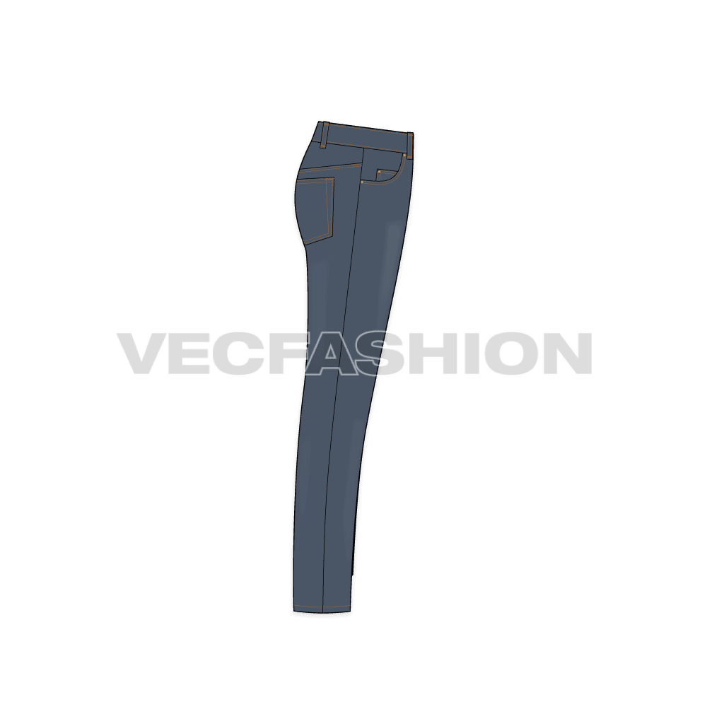 Mens slim fit denim jeans, faded finish flat sketch, side view