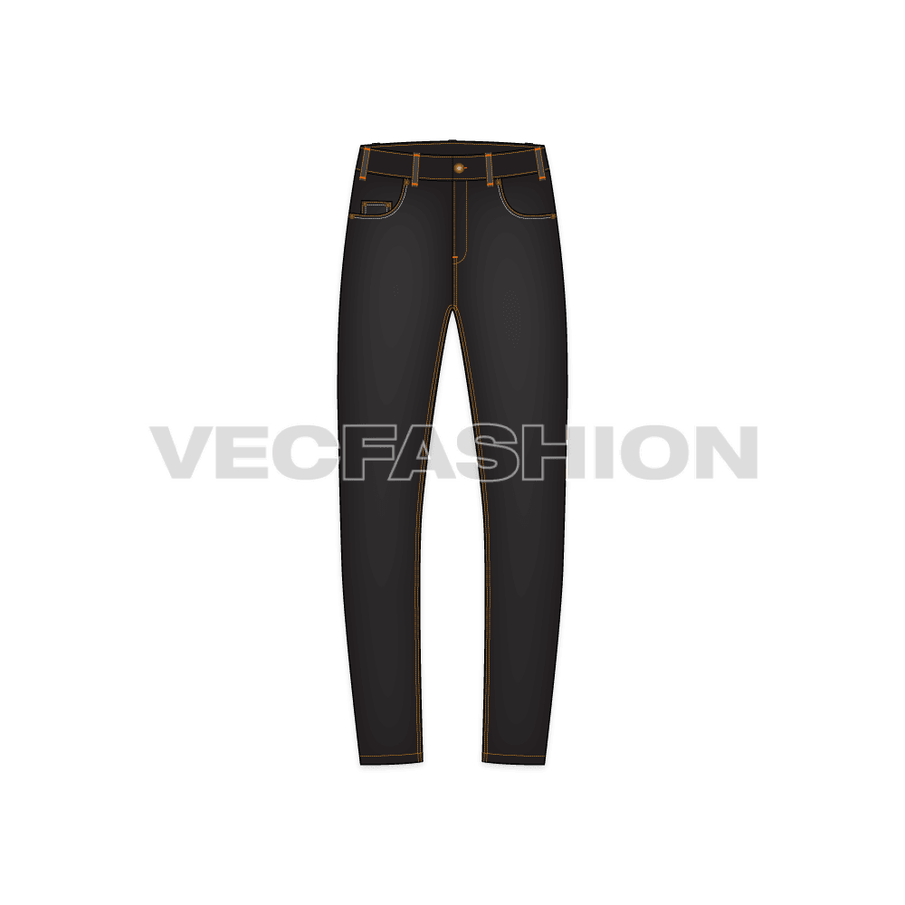 Mens slim fit denim jeans, black flat sketch, front view