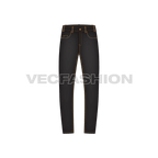 Mens slim fit denim jeans, black flat sketch, front view
