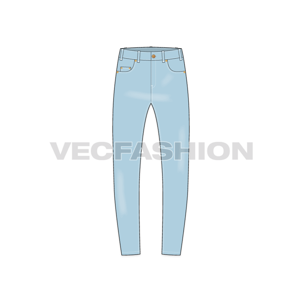 Mens slim fit denim jeans, detailed flat sketch, front view