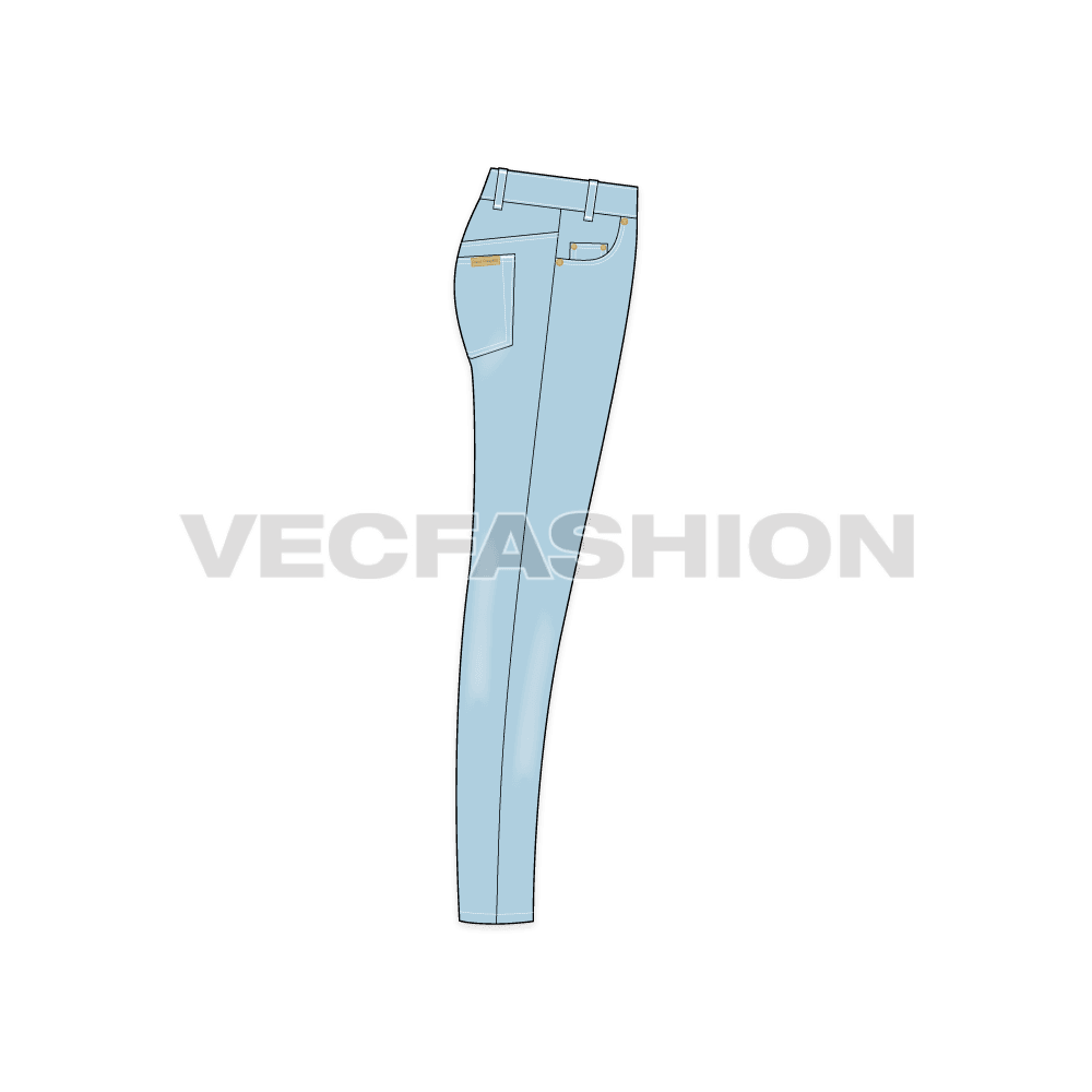 Mens slim fit denim jeans, detailed flat sketch, side view