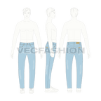 Mens slim fit denim jeans, detailed flat sketch, croqui sketch