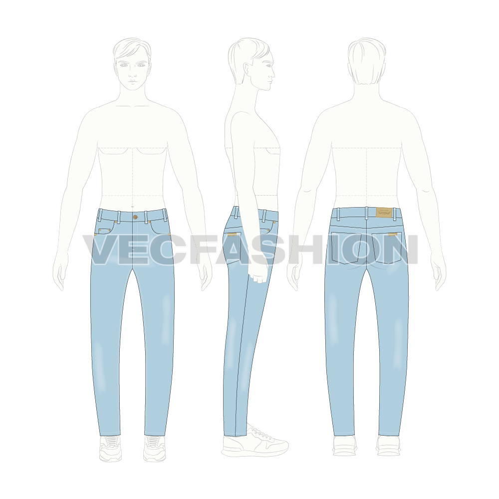 Mens slim fit denim jeans, detailed flat sketch, croqui sketch