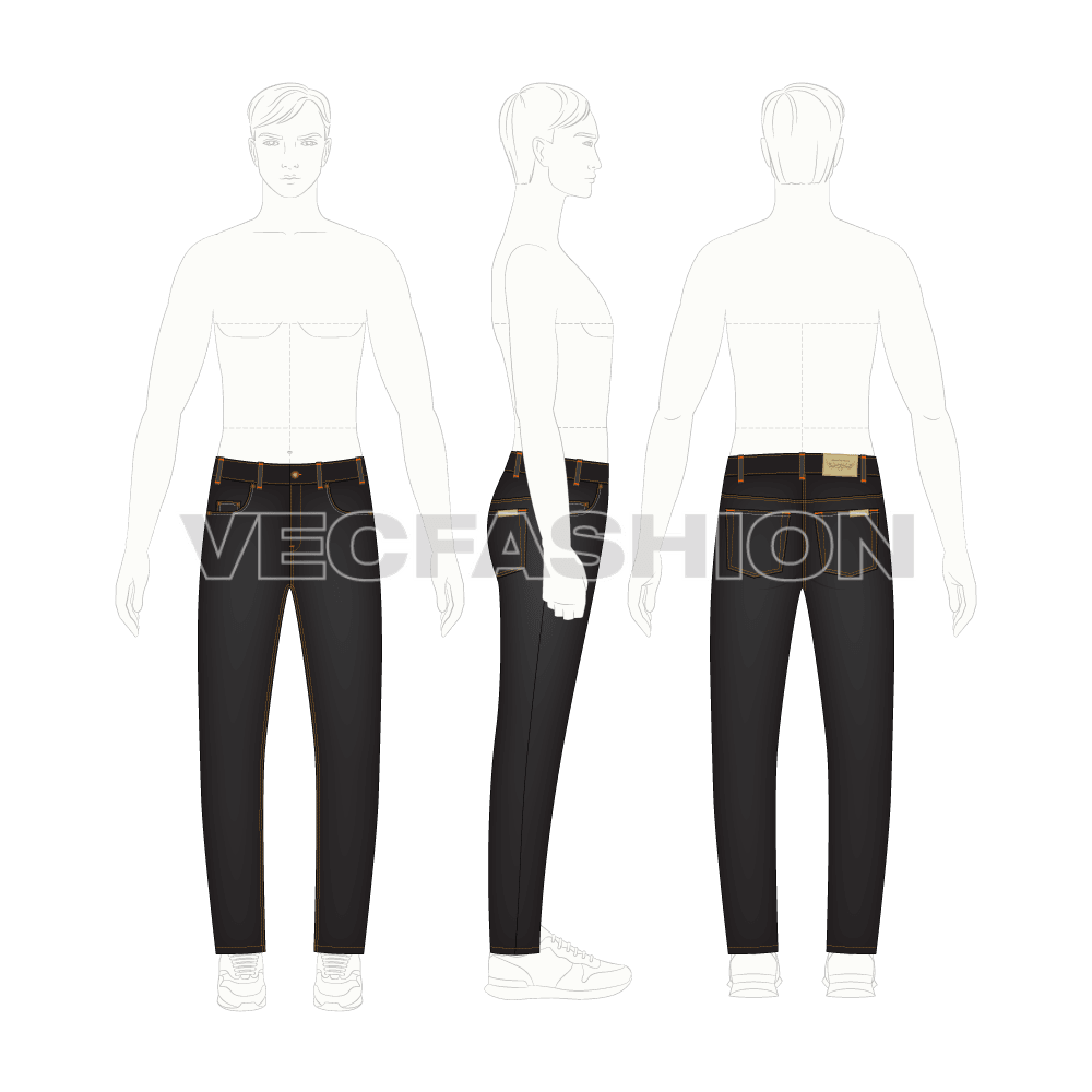 Mens slim fit denim jeans, black flat sketch, croqui sketch