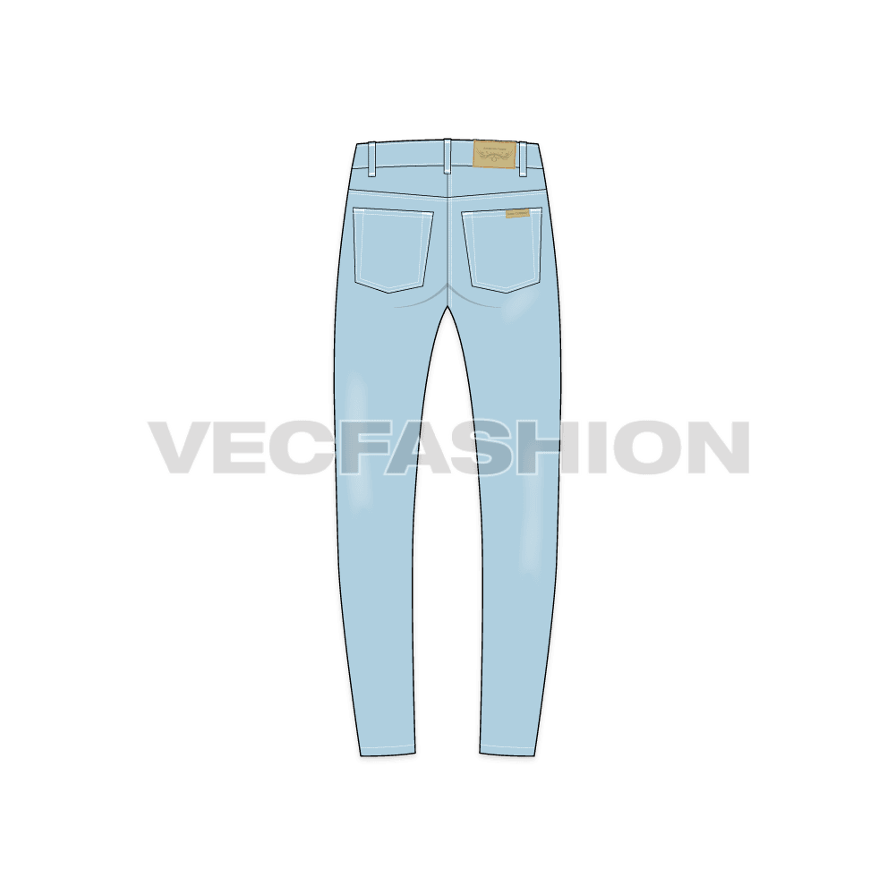 Mens slim fit denim jeans, detailed flat sketch, back view