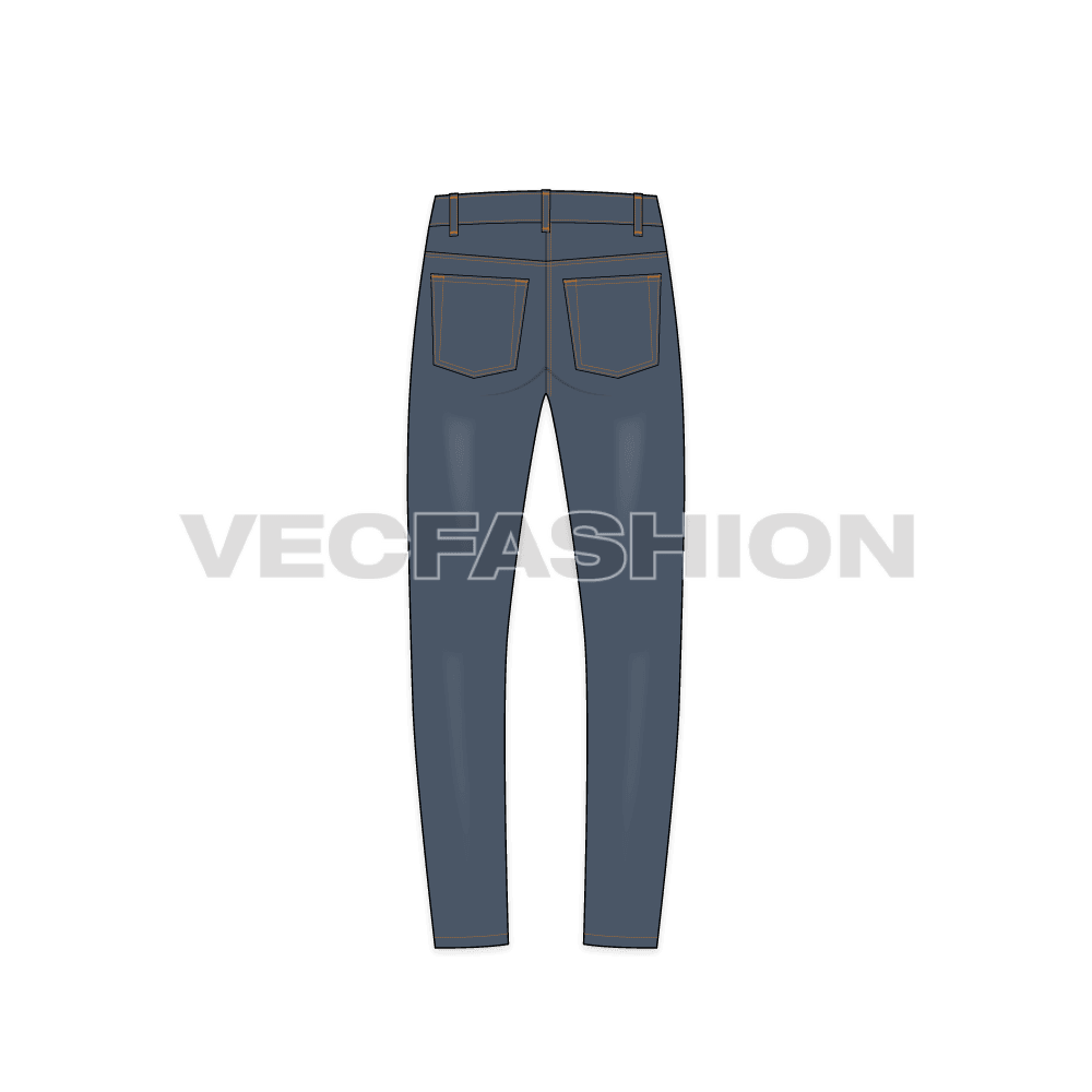 Mens slim fit denim jeans, faded finish flat sketch, back view