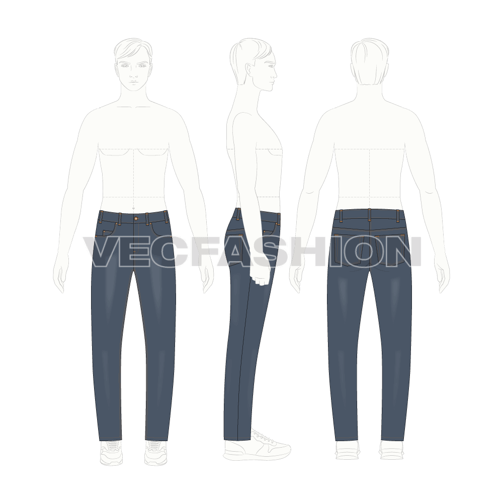 Mens slim fit denim jeans, faded finish flat sketch, croqui sketch